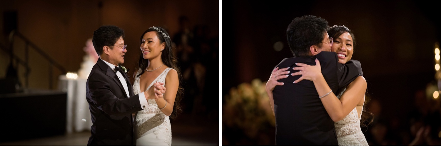 A newly wedded wife dancing with her father during a wedding reception at Cipriani Wall Street in New York City.