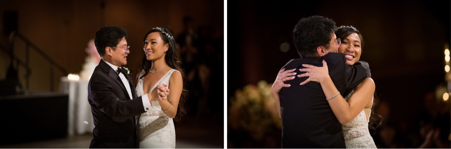 A newly wedded wife dancing with her father during a wedding reception at Cipriani Wall Street in New York City. 