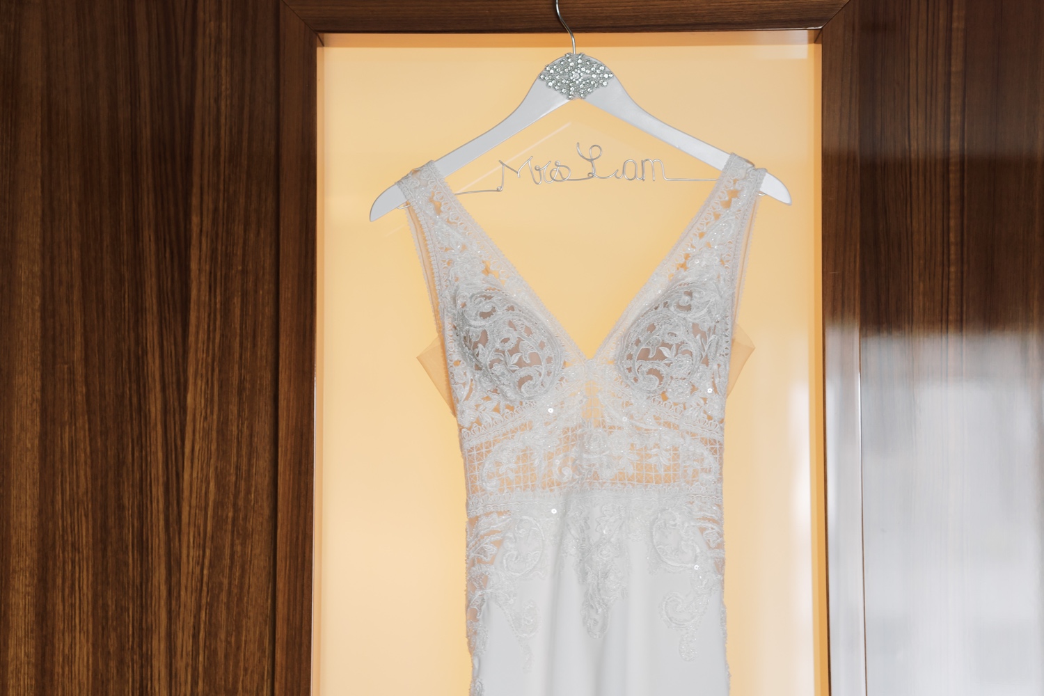 A bride's wedding dress in Mr. C Seaport Hotel. 