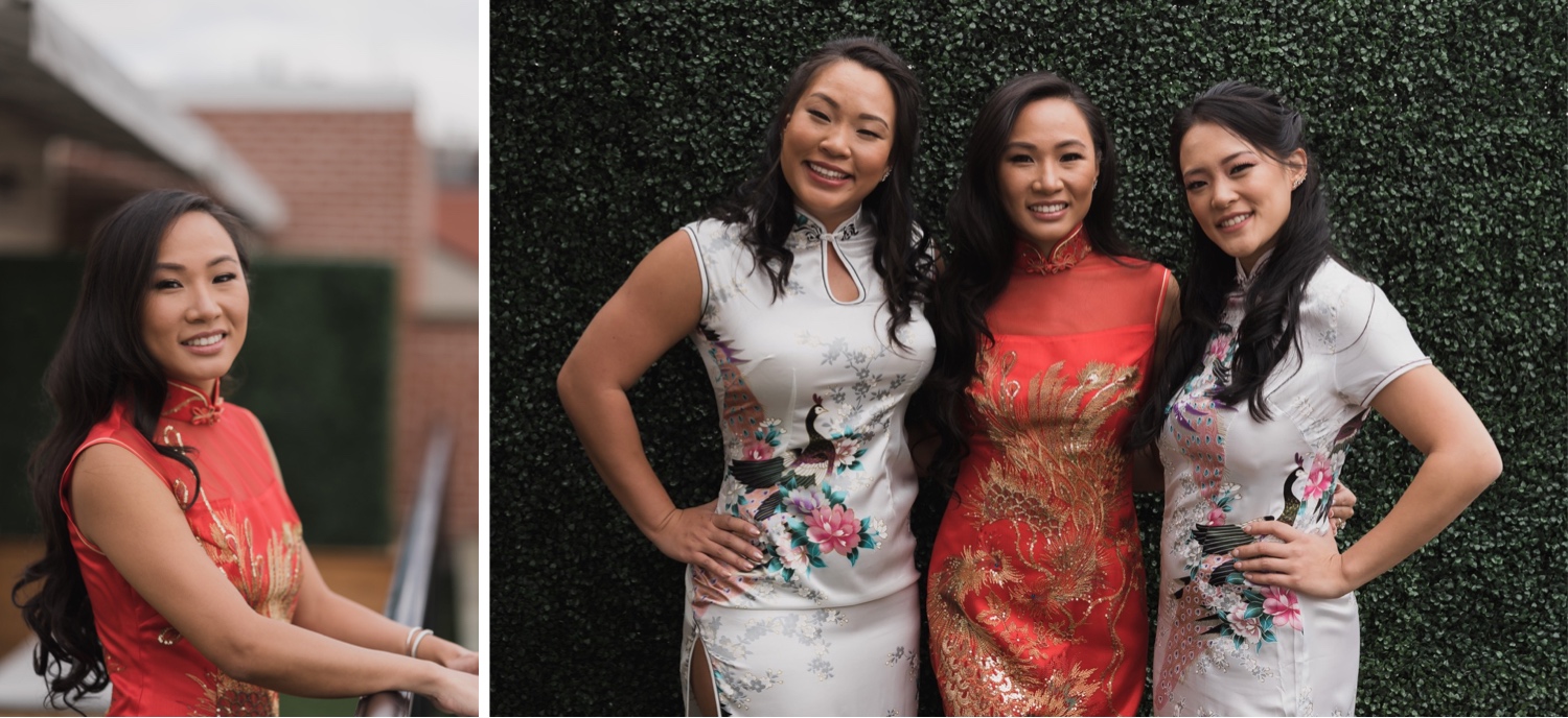 A portrait of a bride and her bridesmaids in Mr. C Seaport hotel on a wedding day at Cipriani Wall Street in New York City. 