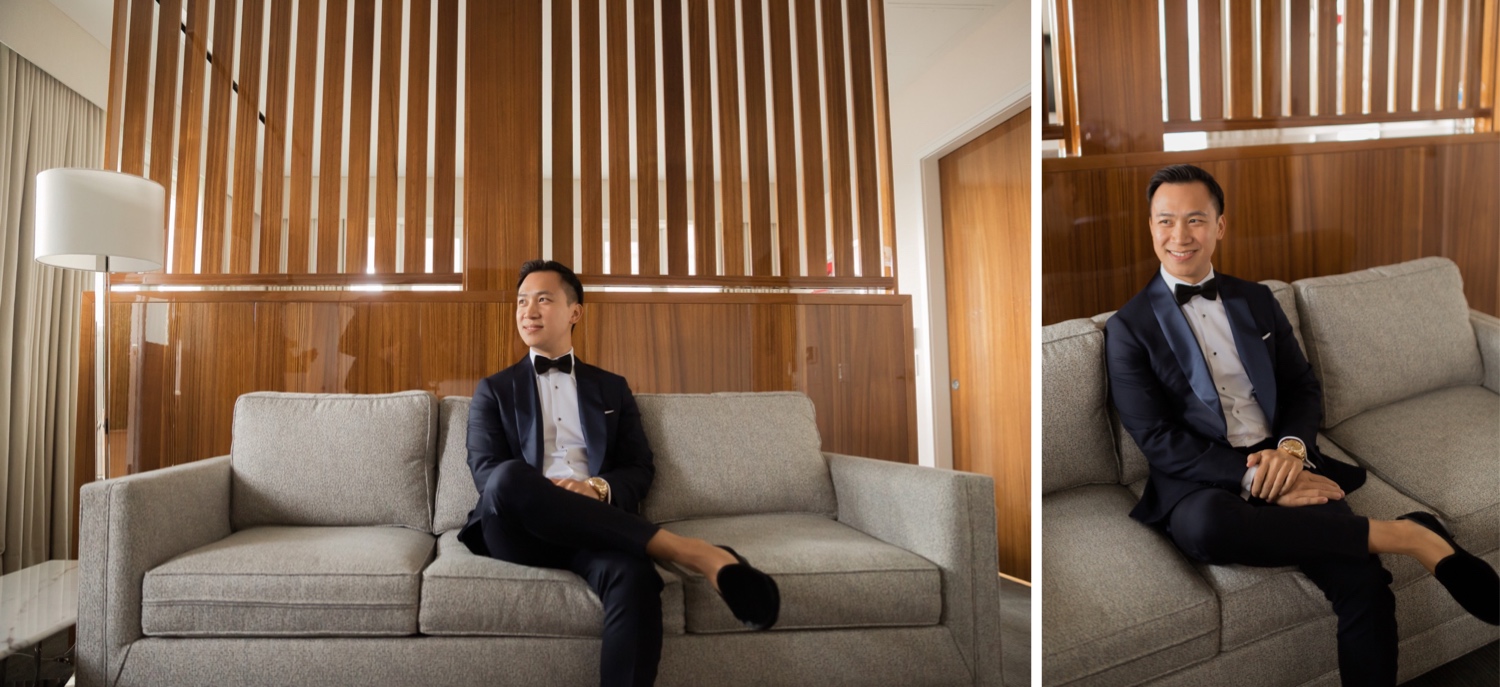 A groom sitting on a couch in Mr. C Seaport hotel on a wedding day at Cipriani Wall Street in New York City. 