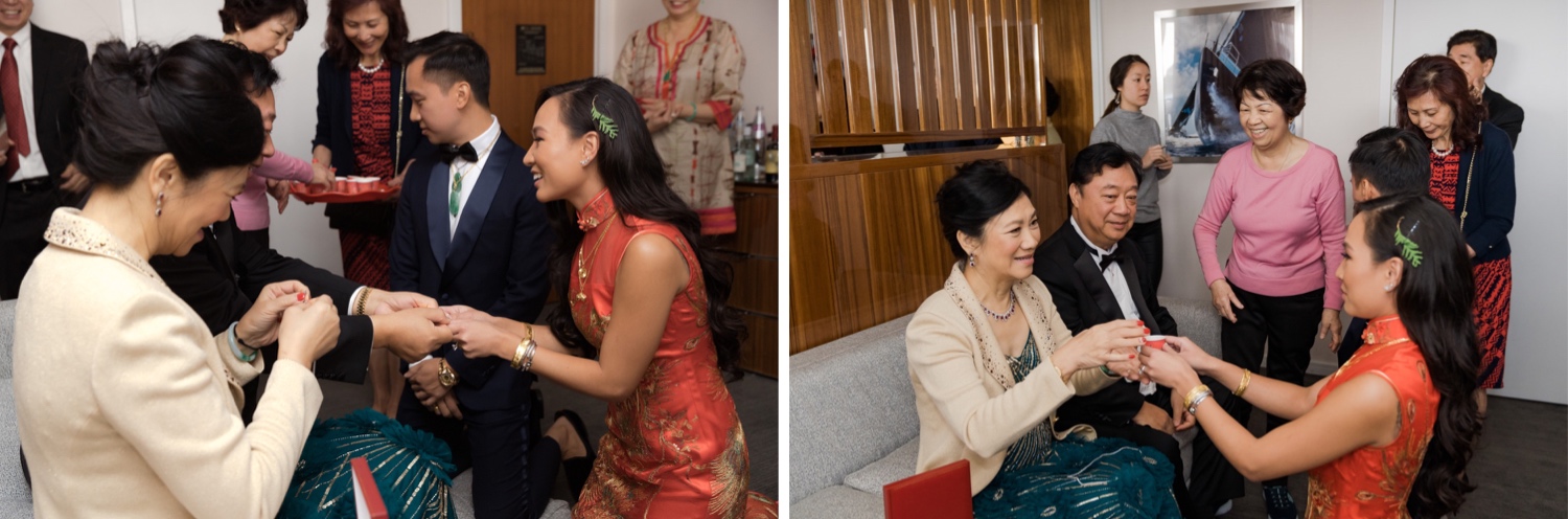 A bride and groom's tea ceremony in Mr. C Seaport Hotel on a wedding day at Cipriani Wall Street in New York City.