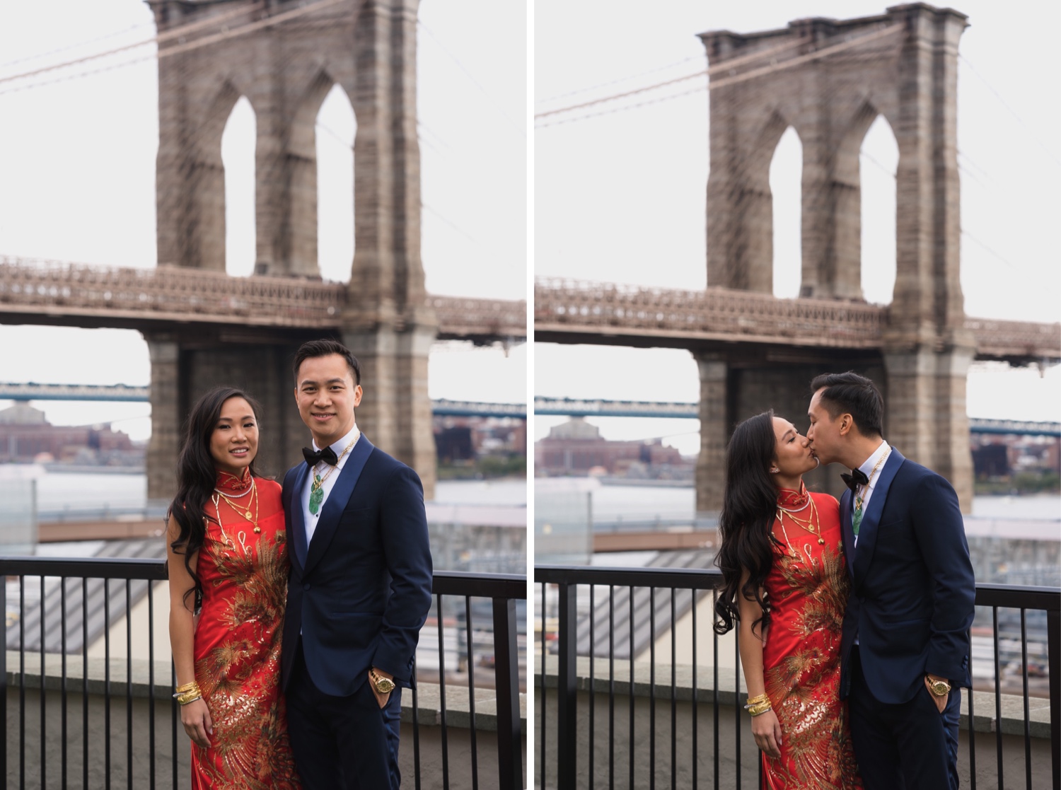 A portrait of a bride and groom with a view of Brooklyn Bridge in a Mr. C Seaport Hotel on a wedding day at Cipriani Wall Street in New York City. 