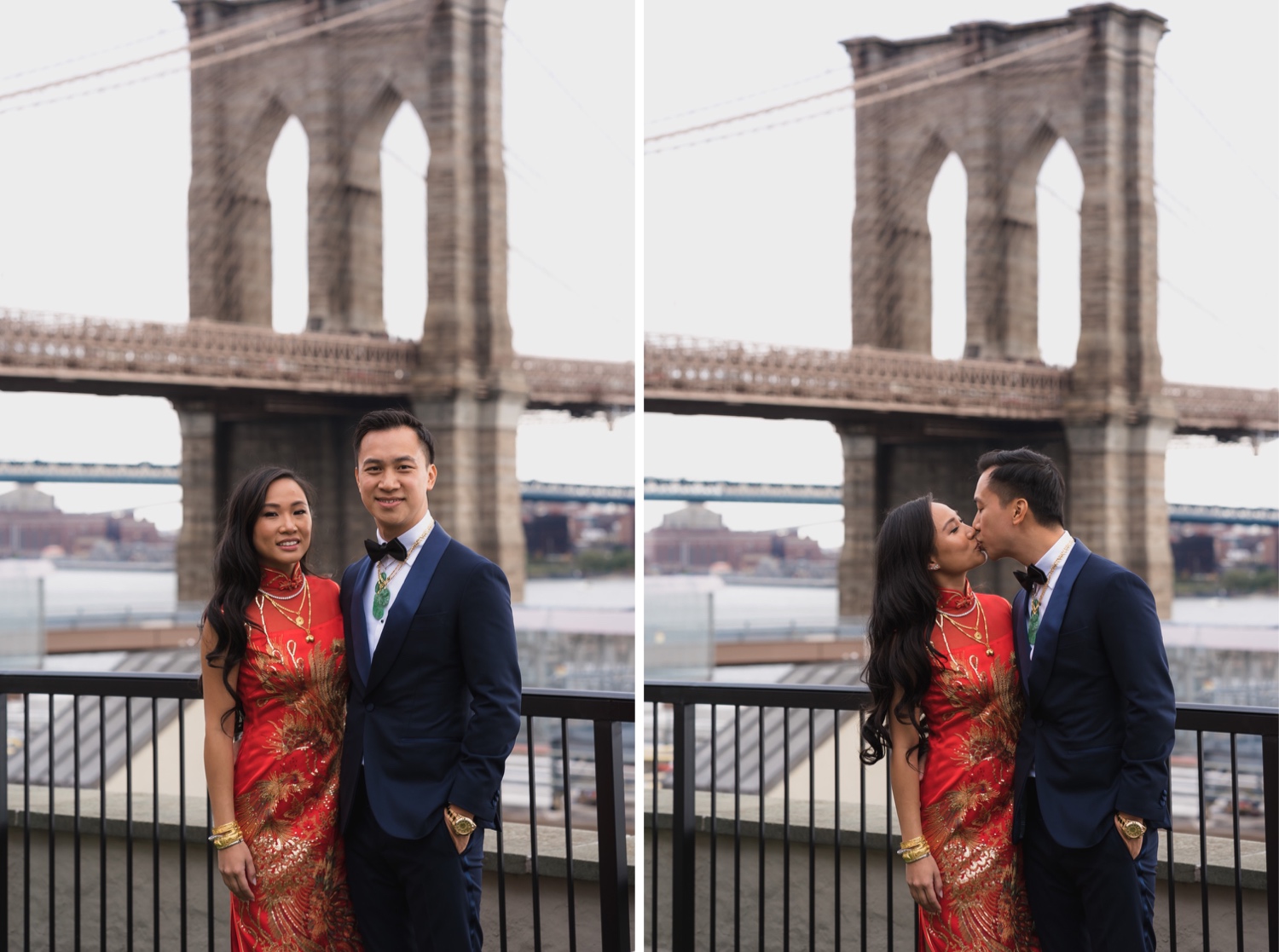 A portrait of a bride and groom with a view of Brooklyn Bridge in a Mr. C Seaport Hotel on a wedding day at Cipriani Wall Street in New York City.