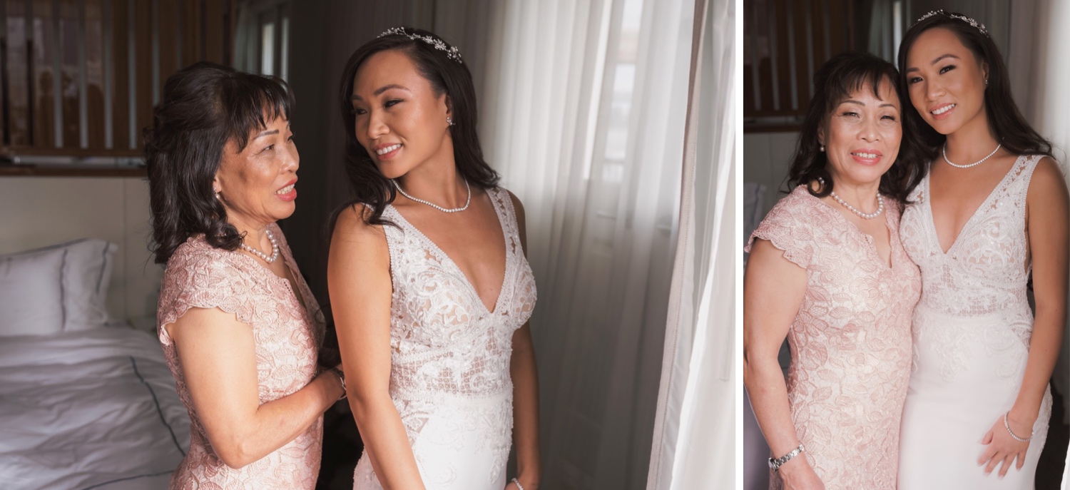 A portrait of a bride and her mother getting ready for a wedding ceremony at Cipriani Wall Street in New York City. Wedding Dress by Pronovias