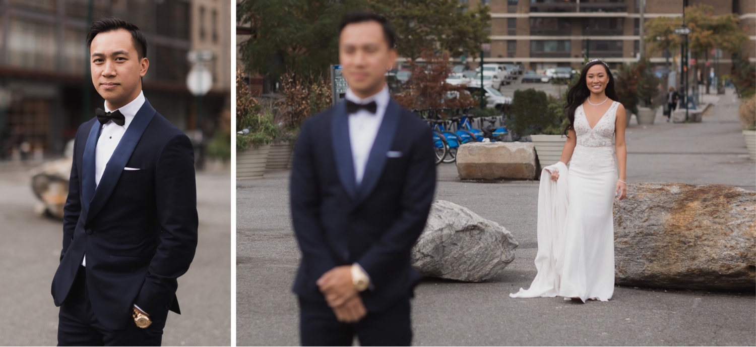 A first look session of a bride and a groom near Mr. C Seaport Hotel on a wedding day at Cipriani Wall Street. 