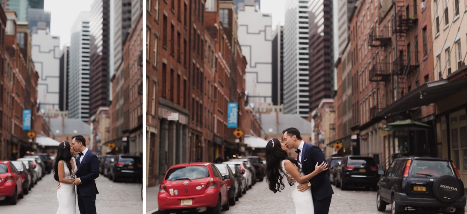 A first look session of a bride and a groom near Mr. C Seaport Hotel on a wedding day at Cipriani Wall Street. 