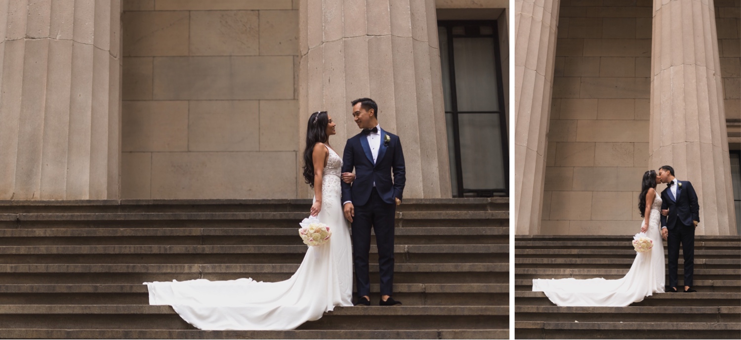 A portrait session of a couple near Cipriani Wall Street in New York City before their wedding ceremony. 