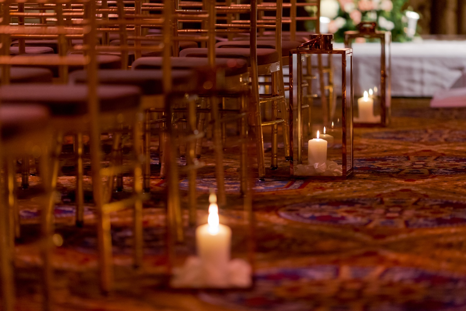 A wedding ceremony setting at Cipriani Wall Street in New York City. 