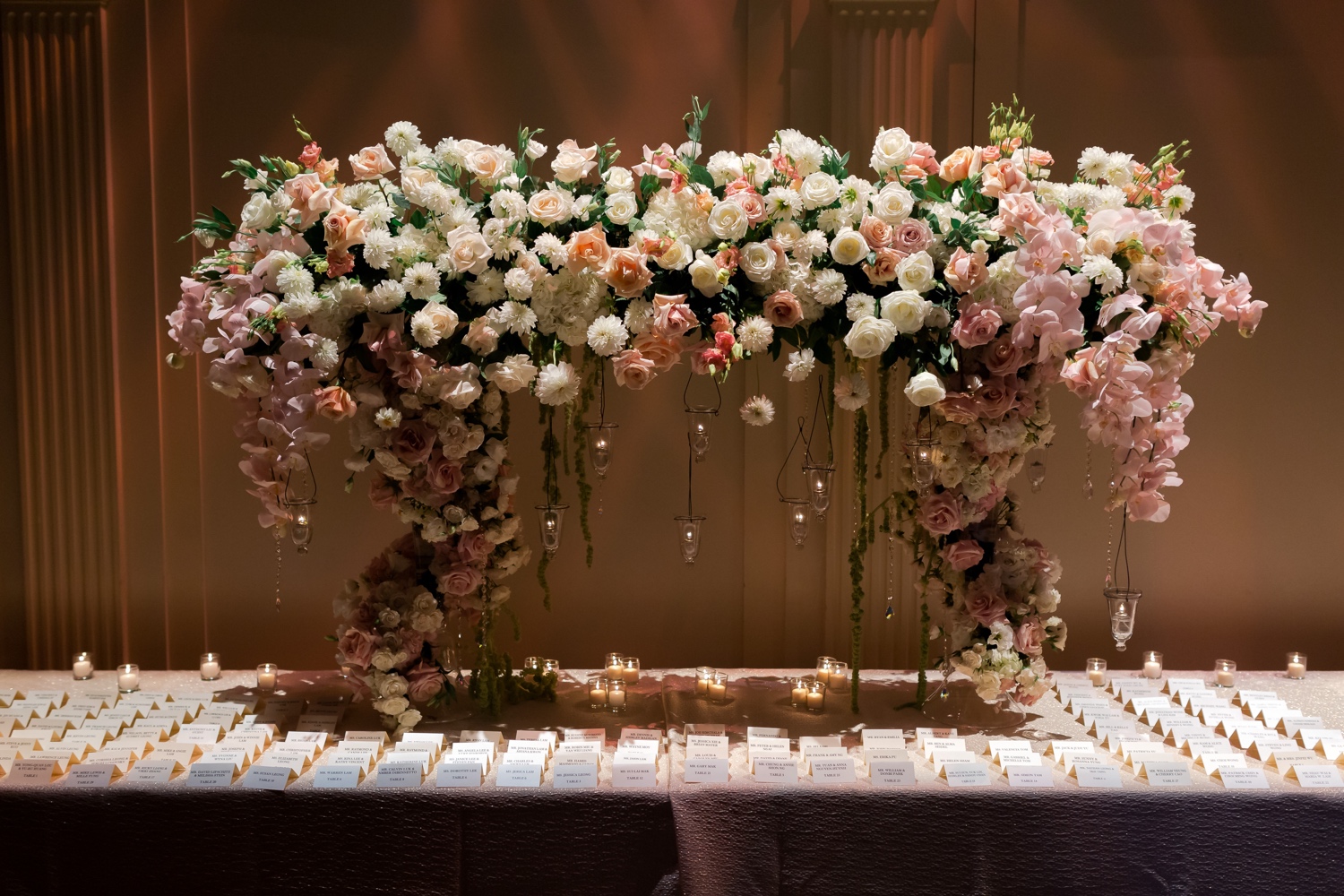 A wedding ceremony setting at Cipriani Wall Street in New York City. 
