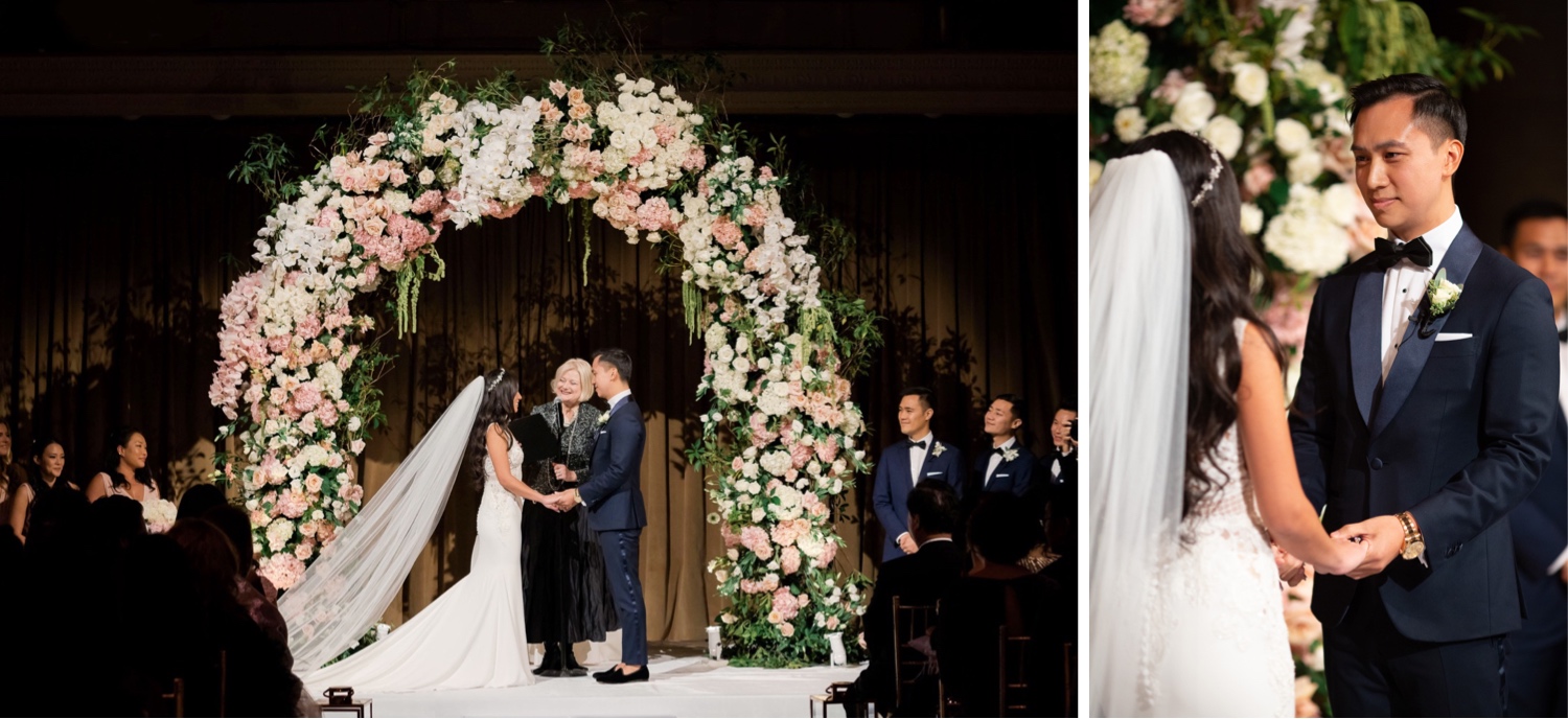 A groom and a bride during a wedding ceremony at Cipriani Wall Street in New York City. Wedding Dress by Pronovias