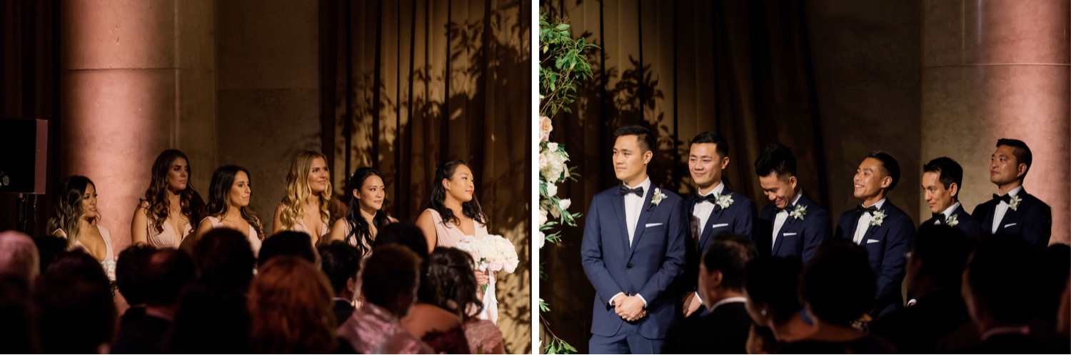 Bridesmaids and groomsmen attending a wedding ceremony at Cipriani Wall Street in New York City. 