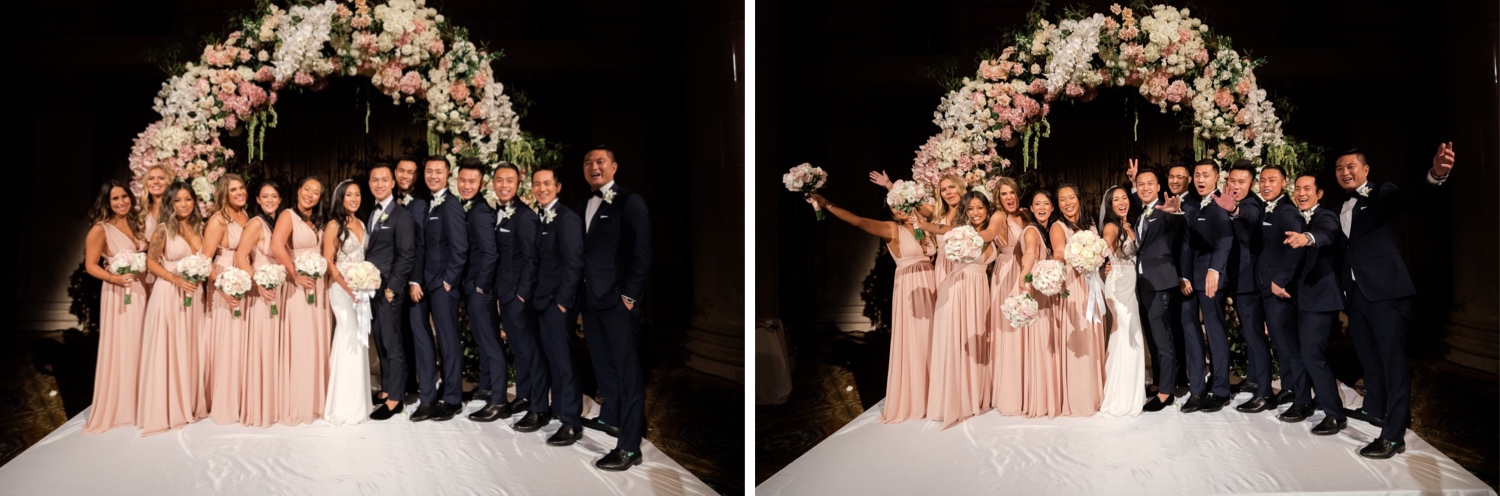 A portrait session of a newly wedded couple and their wedding party at Cipriani Wall Street in New York City.