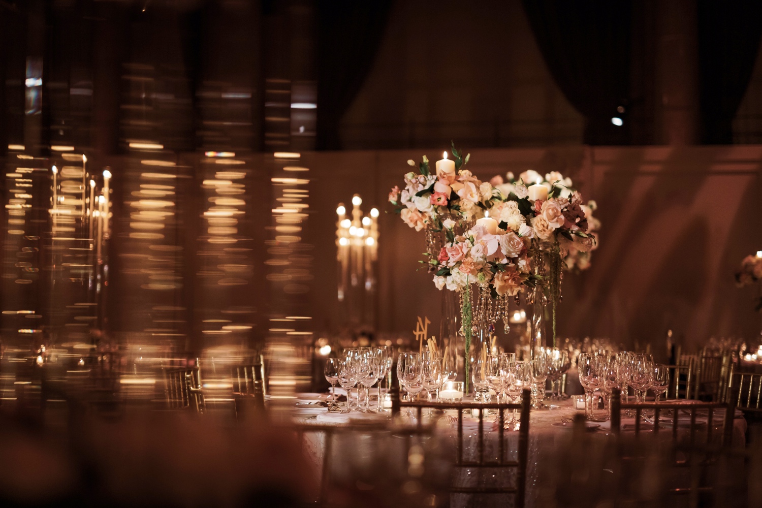 A wedding reception setting at Cipriani Wall Street in New York City.