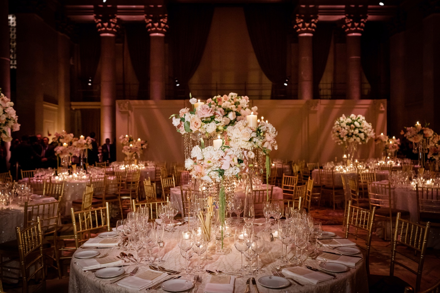 A wedding reception setting at Cipriani Wall Street in New York City.