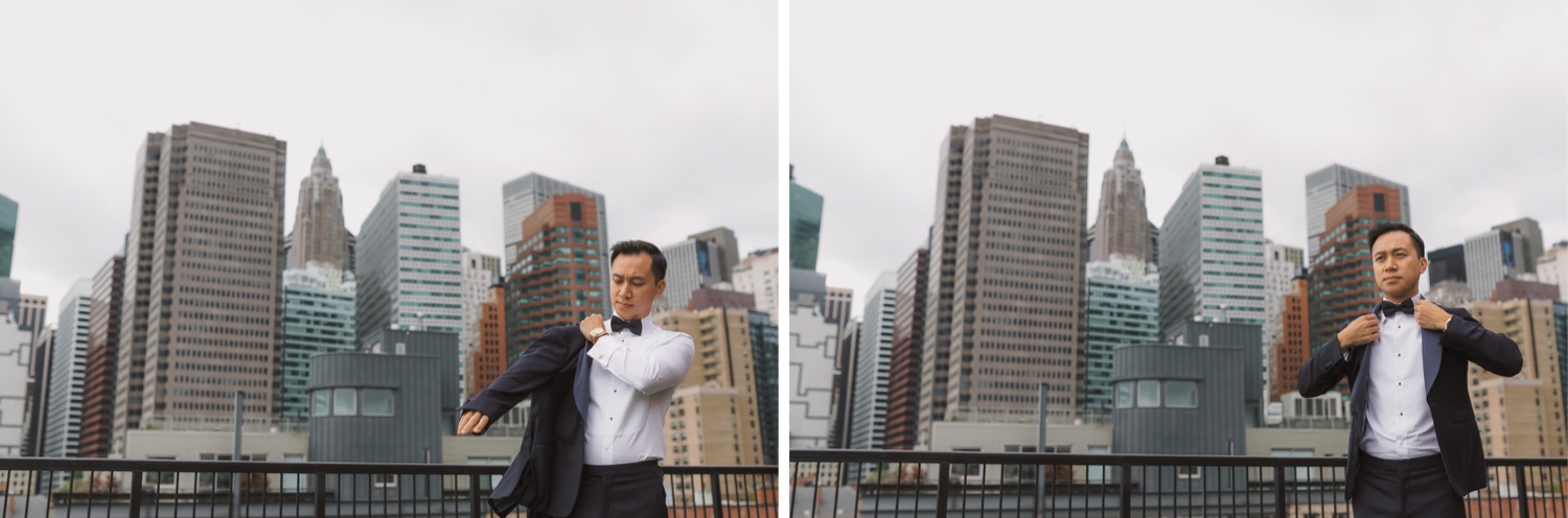 A groom wearing his wedding suit in a Mr. C Seaport Hotel on a wedding day at Cipriani Wall Street in New York City. 