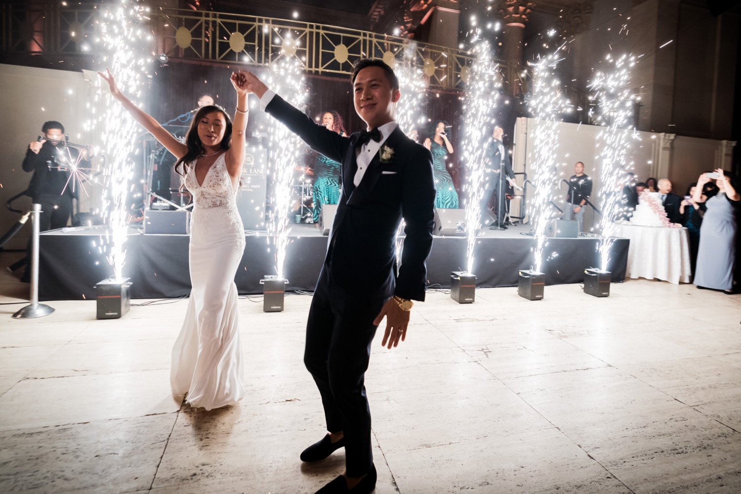 A first dance as a husband and wife during a wedding reception at Cipriani Wall Street in New York City. Wedding Dress by Pronovias. Music by Hank Lane Band