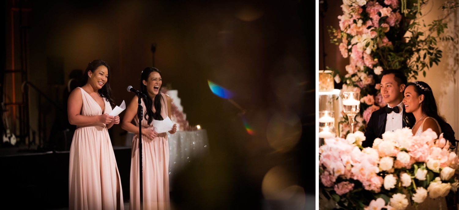 Bridesmaids giving a wedding speech to a newly wedded couple during a wedding reception at Cipriani Wall Street in New York CIty. 