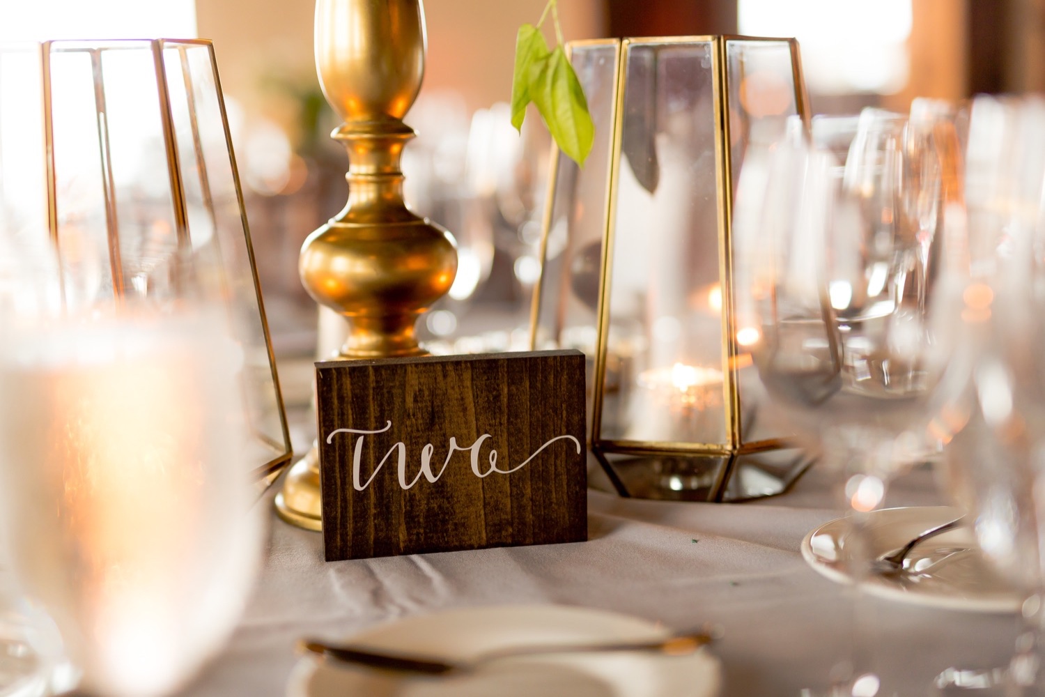 A tableware setting of a wedding reception at Liberty Warehouse, Brooklyn New York.