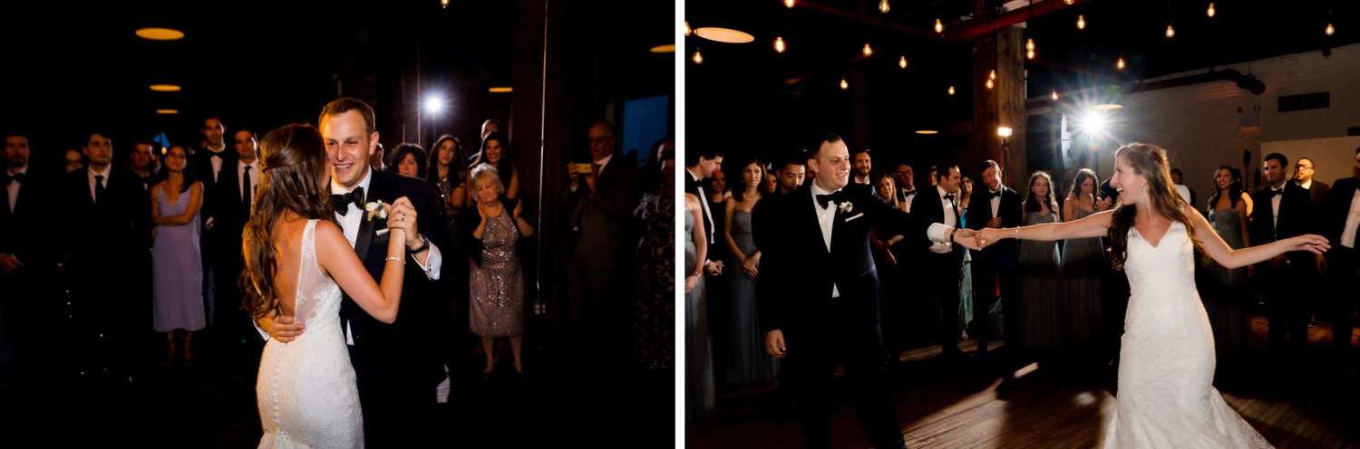 A newly wedded couple's first dance during a wedding reception at Liberty Warehouse, Brooklyn New York. 