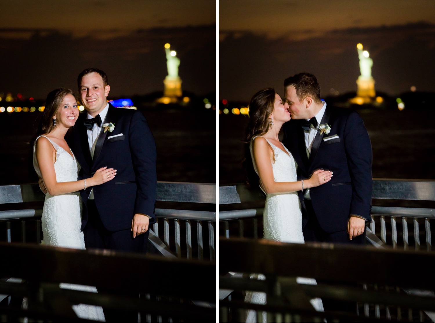 A portrait of newly wedded couple with a statue of liberty near Liberty Warehouse, Brooklyn New York.