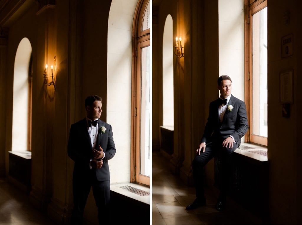 A groom posing for a portrait picture at the Plaza Hotel NYC in New York.