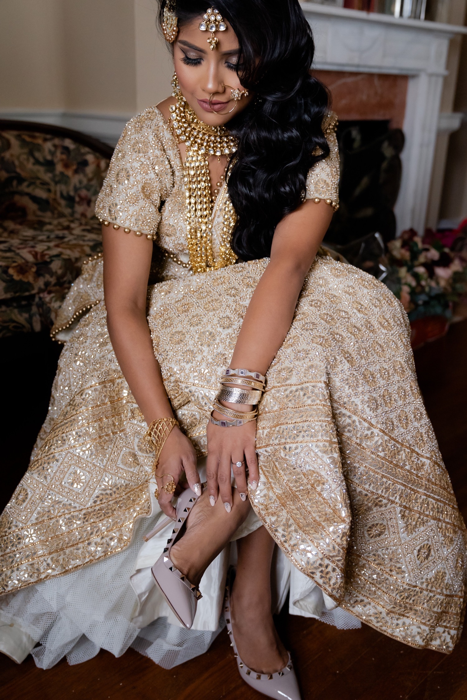 A bride wearing her wedding dress and shoe for her wedding day at the Tappan Hill Mansion. 