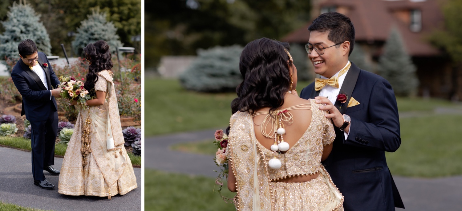 A groom seeing his bride for the first time during a first look on a wedding day at the Tappan Hill Mansion. 