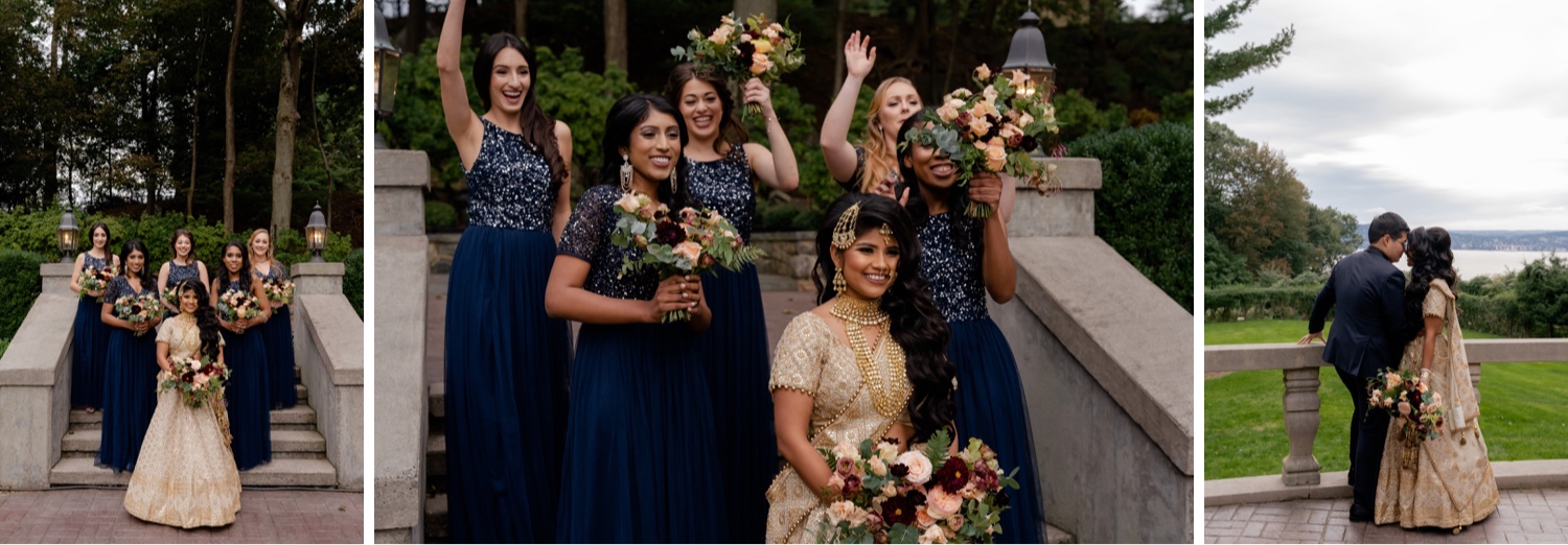 A bride and her bridesmaids posing for a picture at the Tappan Hill Mansion.