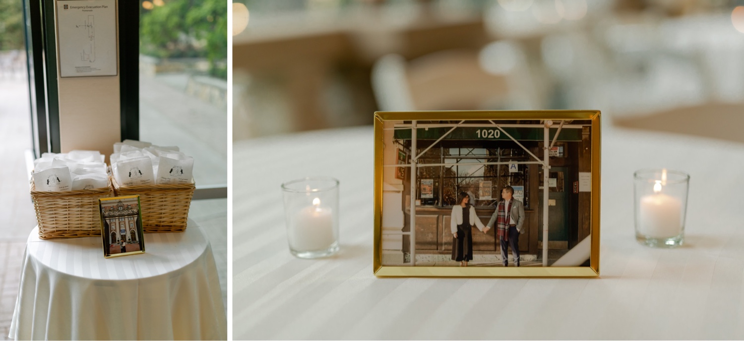 Wedding items for guests and an portrait picture of the wedding couple at the Tappan Hill Mansion.