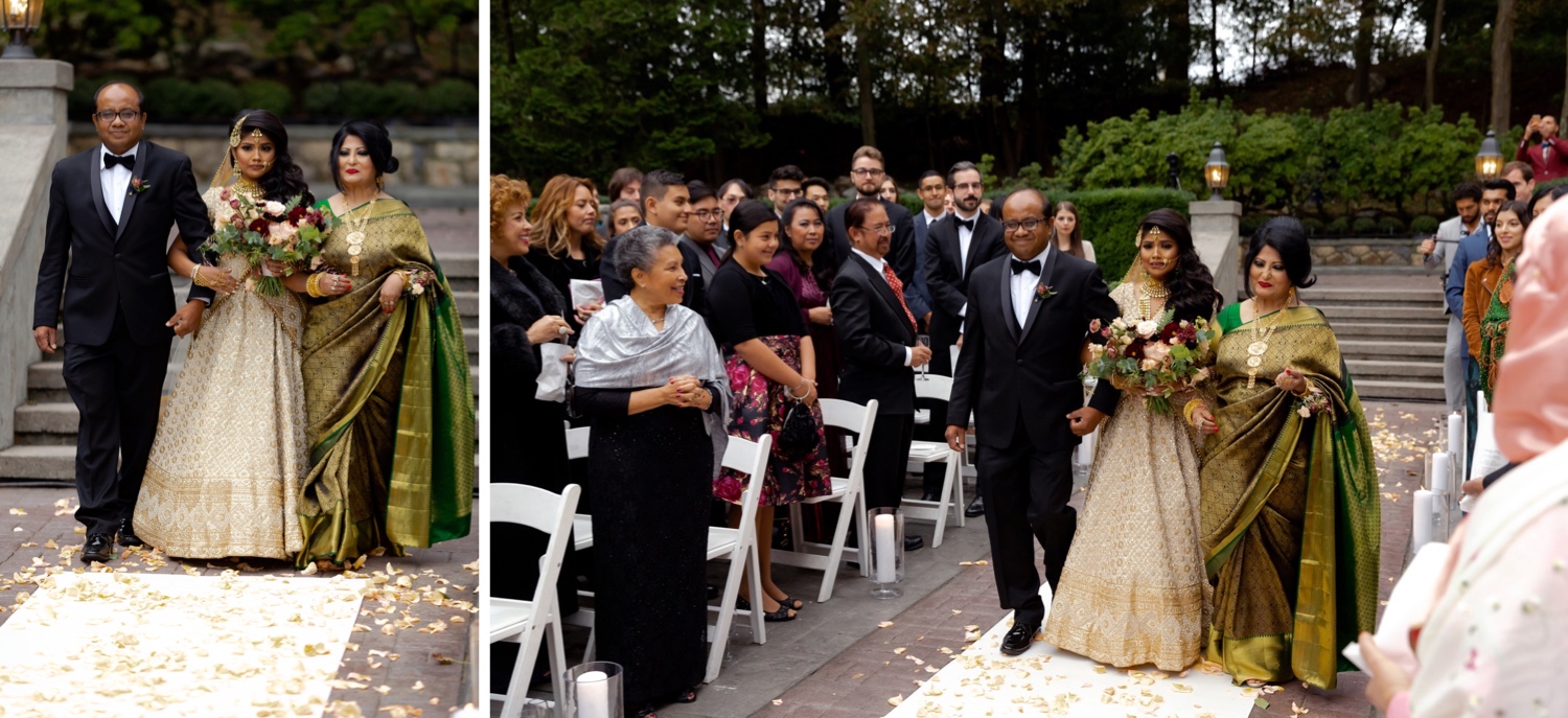 Wedding guests watching a bride coming into the wedding ceremony at the Tappan Hill Mansion. 