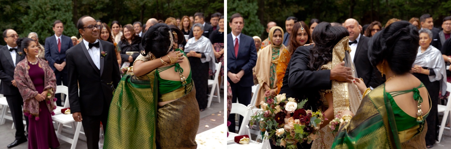 A bride hugging his parents before the wedding ceremony starts at the Tappan Hill Mansion. 