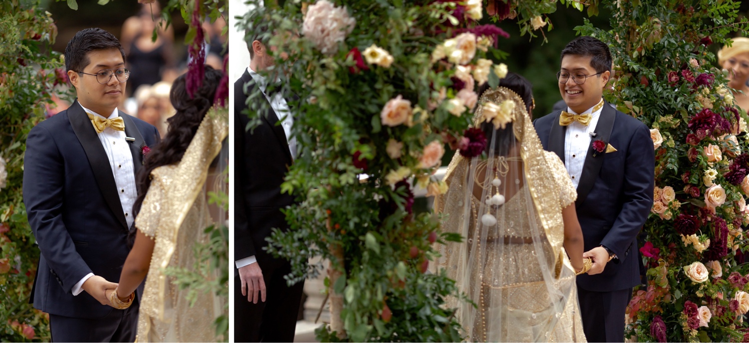 A groom looking at her beloved bride during a wedding ceremony at the Tappan Hill Mansion.