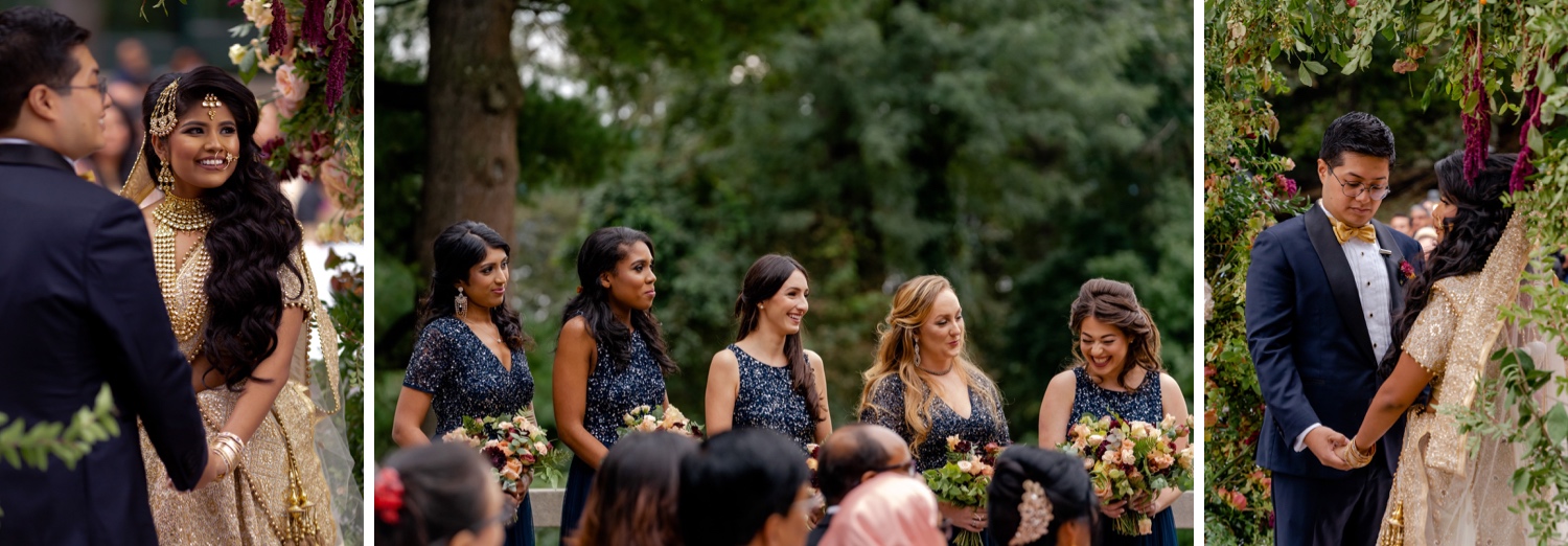 A wedding couple and a bridesmaids during a wedding ceremony at the Tappan Hill Mansion. 