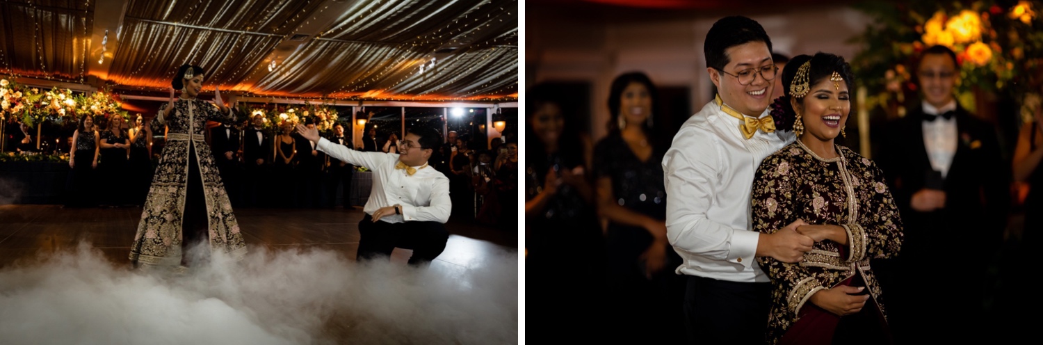 A newly wedded couple's first dance during a wedding reception at the Tappan Hill Mansion. 