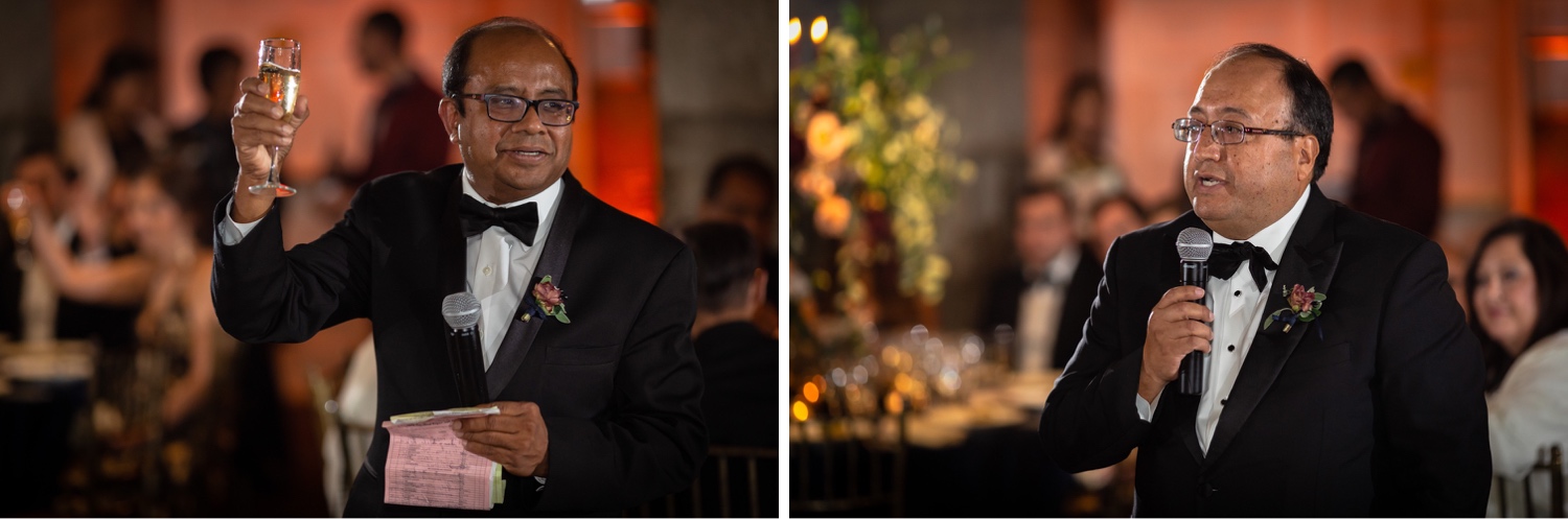 A wedding speeches by a newly wedded couple's fathers during a wedding reception at the Tappan Hill Mansion.