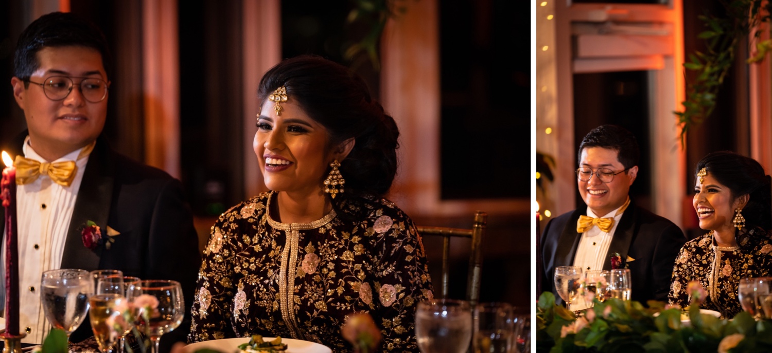 A newly wedded couple listening to a wedding speech from their guest during a wedding reception at the Tappan Hill Mansion.