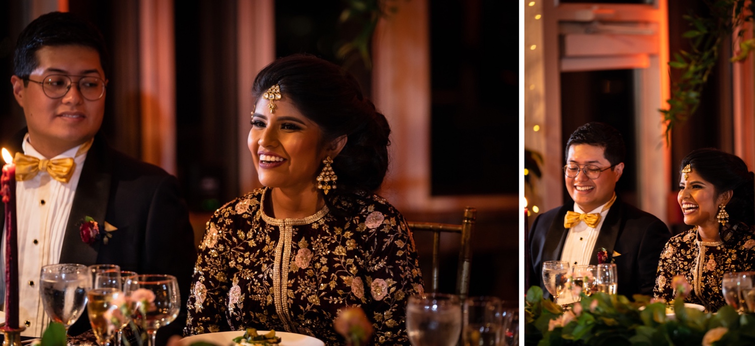 A newly wedded couple listening to a wedding speech from their guest during a wedding reception at the Tappan Hill Mansion. 