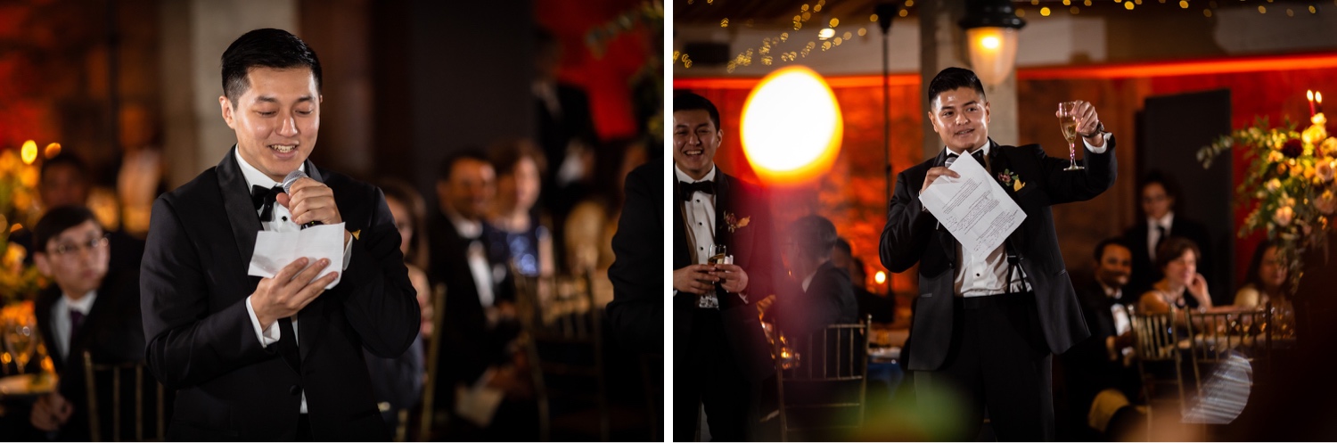 Groomsmen giving a speech to a newly wedded, happy couple during a wedding reception at the Tappan Hill Mansion. 