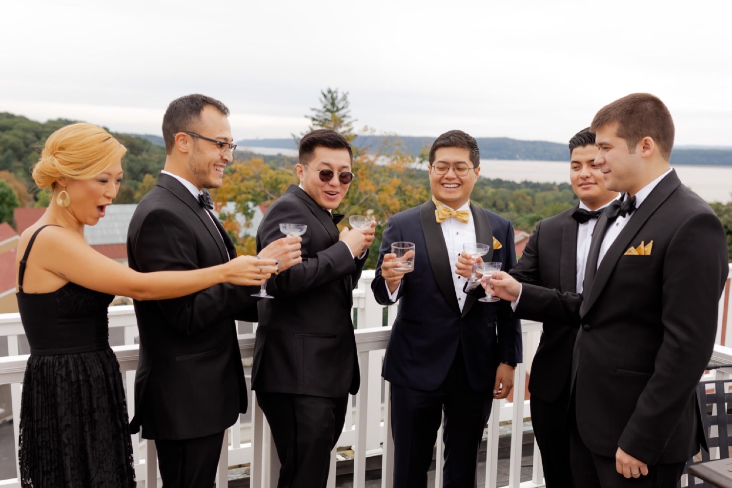 A groom and his wedding party celebrating his wedding day at the Tappan Hill Mansion.