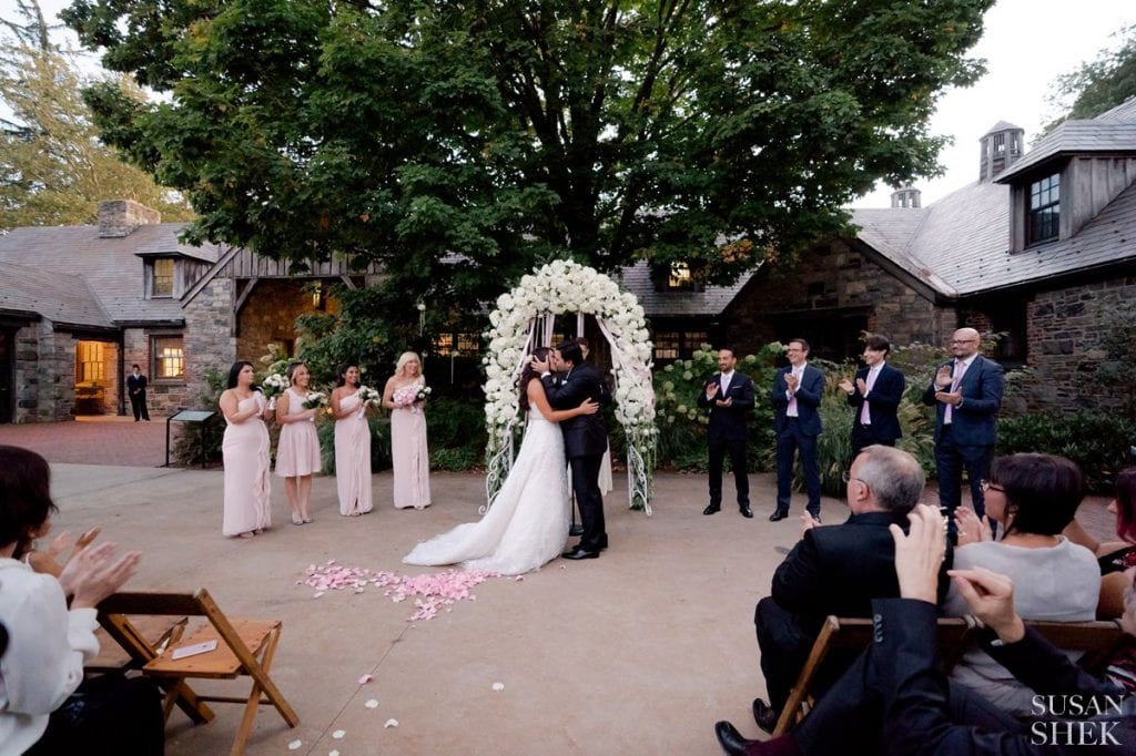 first kiss at blue hills stone barn ceremony