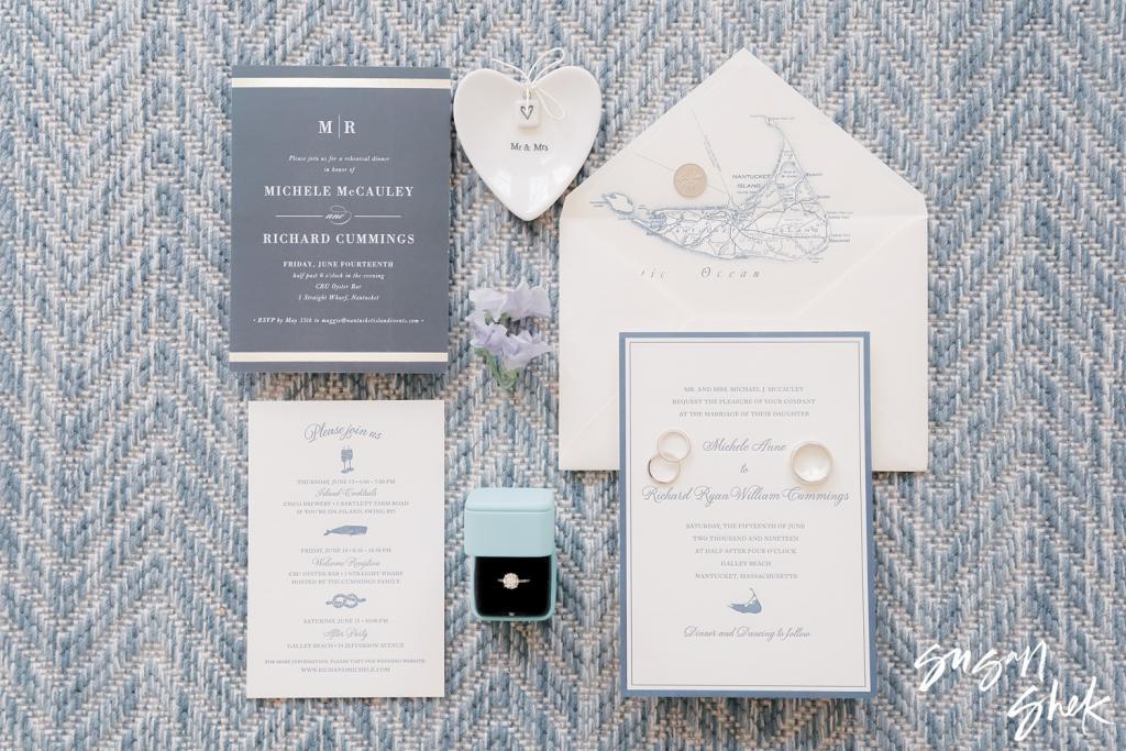 Wedding invitation suite with a Nantucket map envelope, ring box and rings