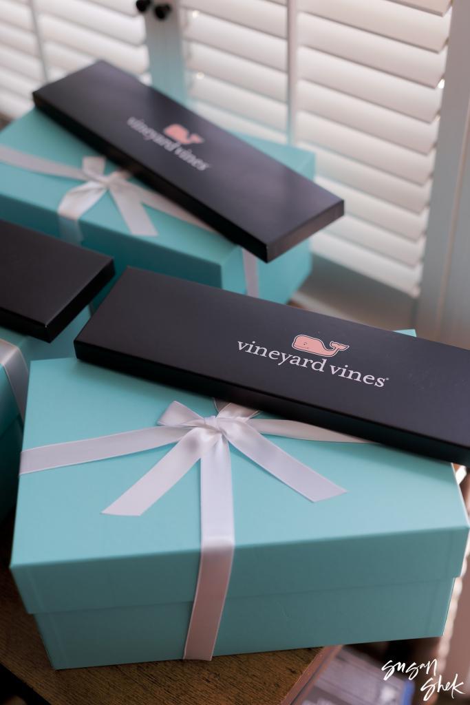 Vineyard Vines boxes tied with pink ribbon