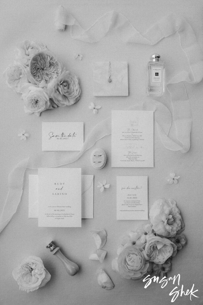 Bride flat lay details on her wedding day in Trani Puglia Italy