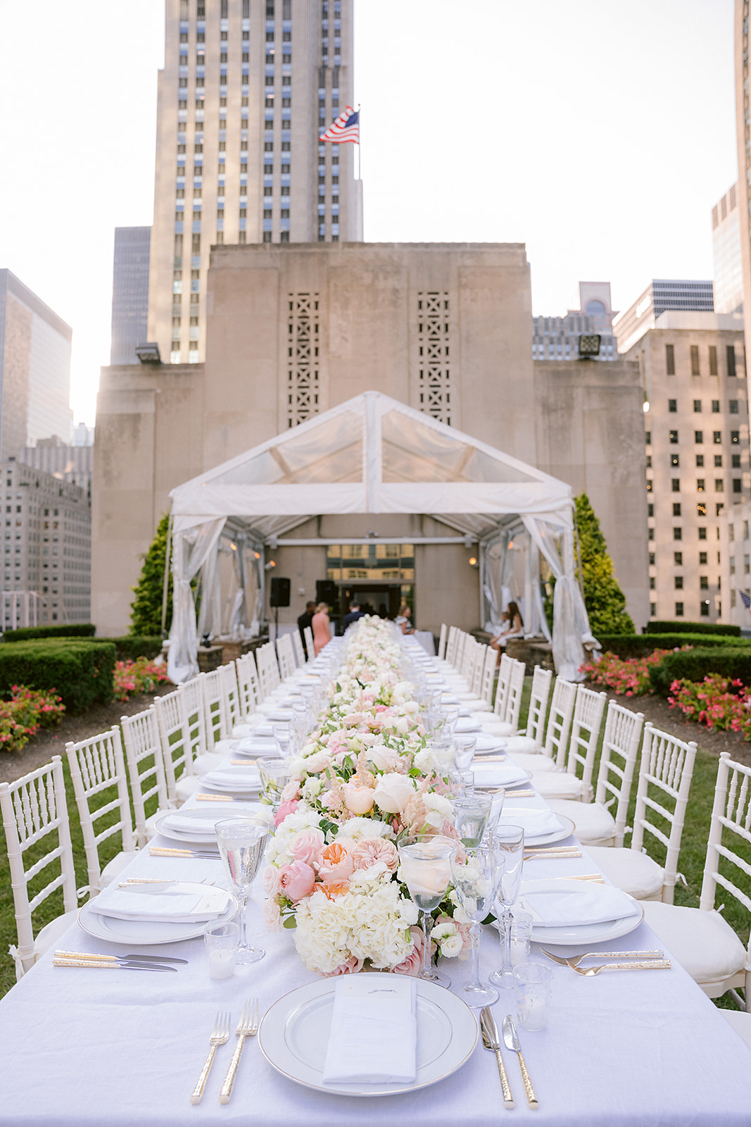 Close-up of pastel wedding tablescape at 620 Loft and Garden rooftop reception