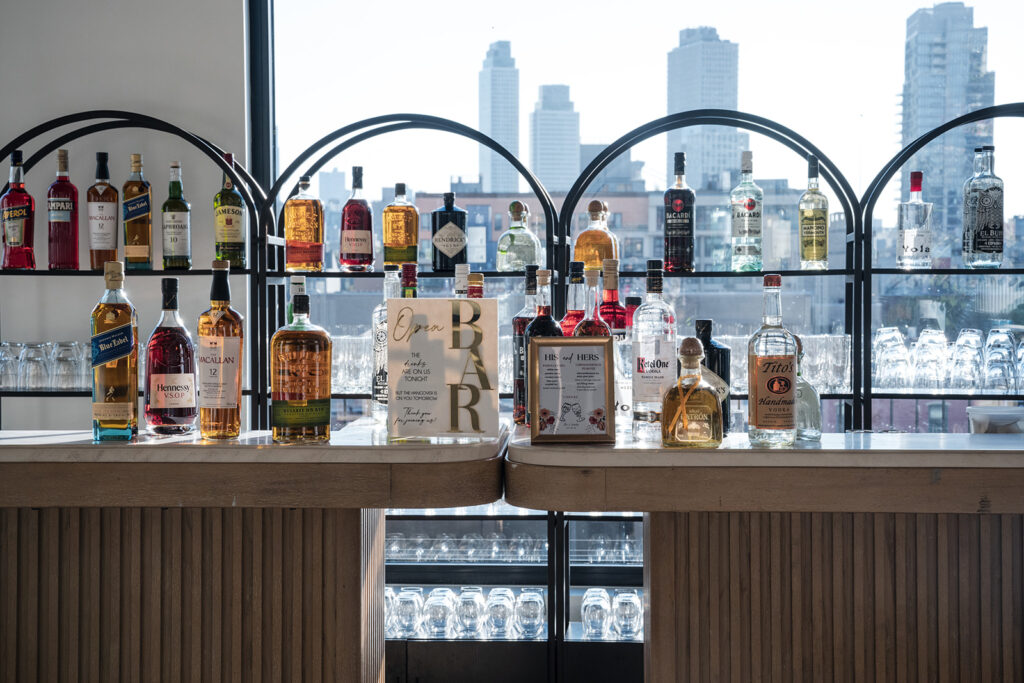 skyline photo of the wedding bar at the vesper events wedding venue